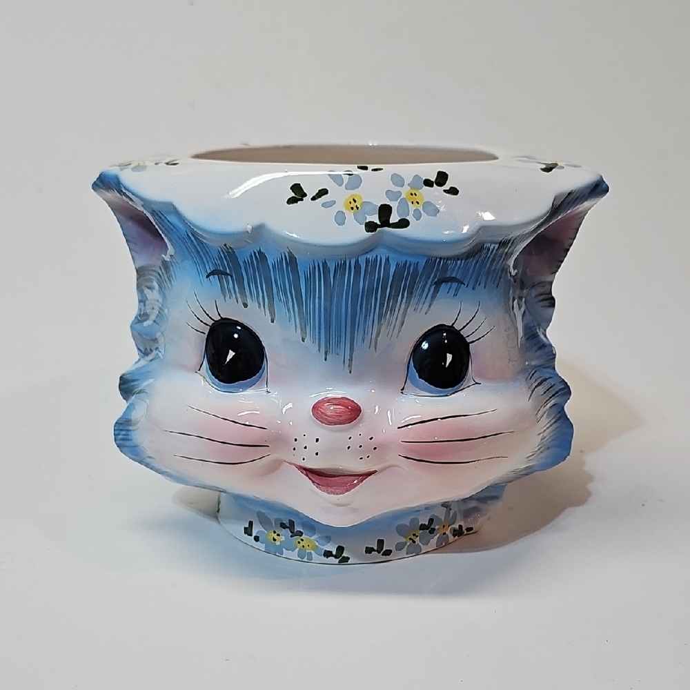 Vintage Lefton Miss Priss Blue Kitty Cat Cookie Jar - No Lid, As-Is, #1502